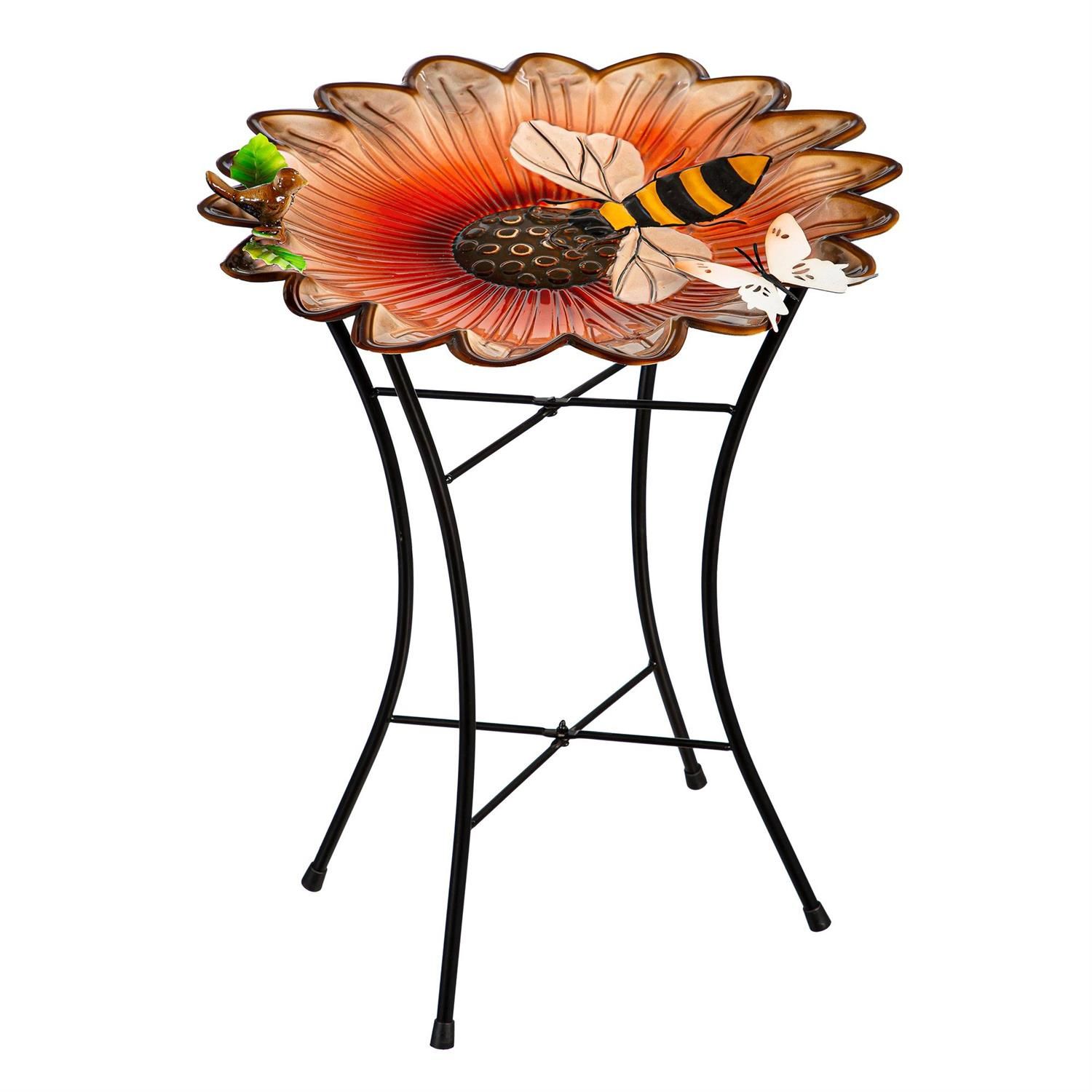 Bird Bath w/ Stand - 17" - Sunflower &amp; Bee