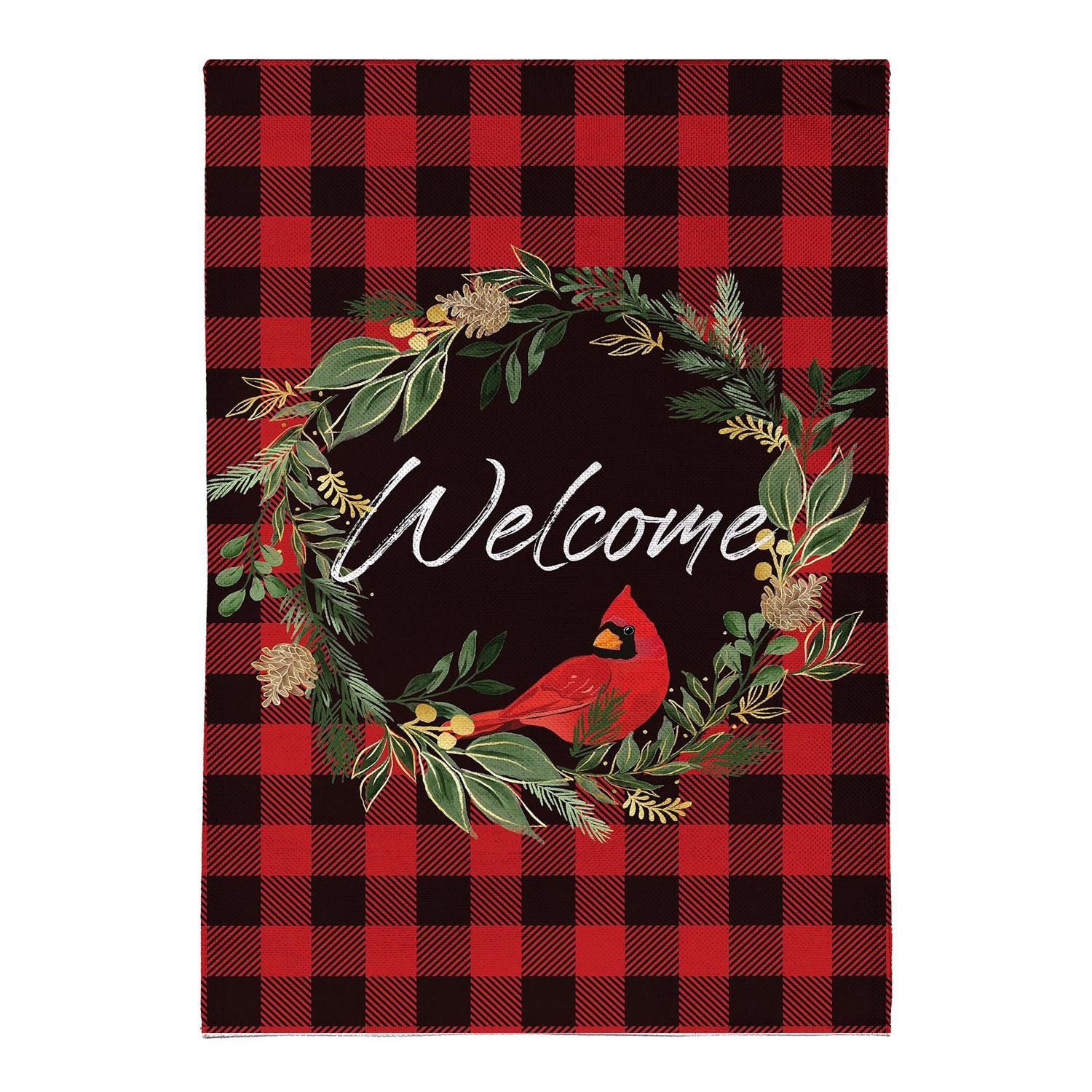 House Flag - Burlap - Welcome Cardinal Wreath