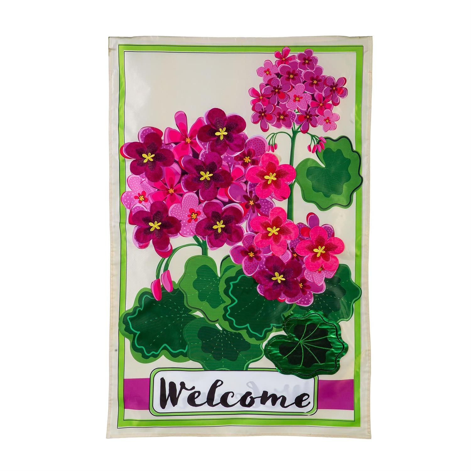 House Flag - Applique - Pink Geranium Welcome