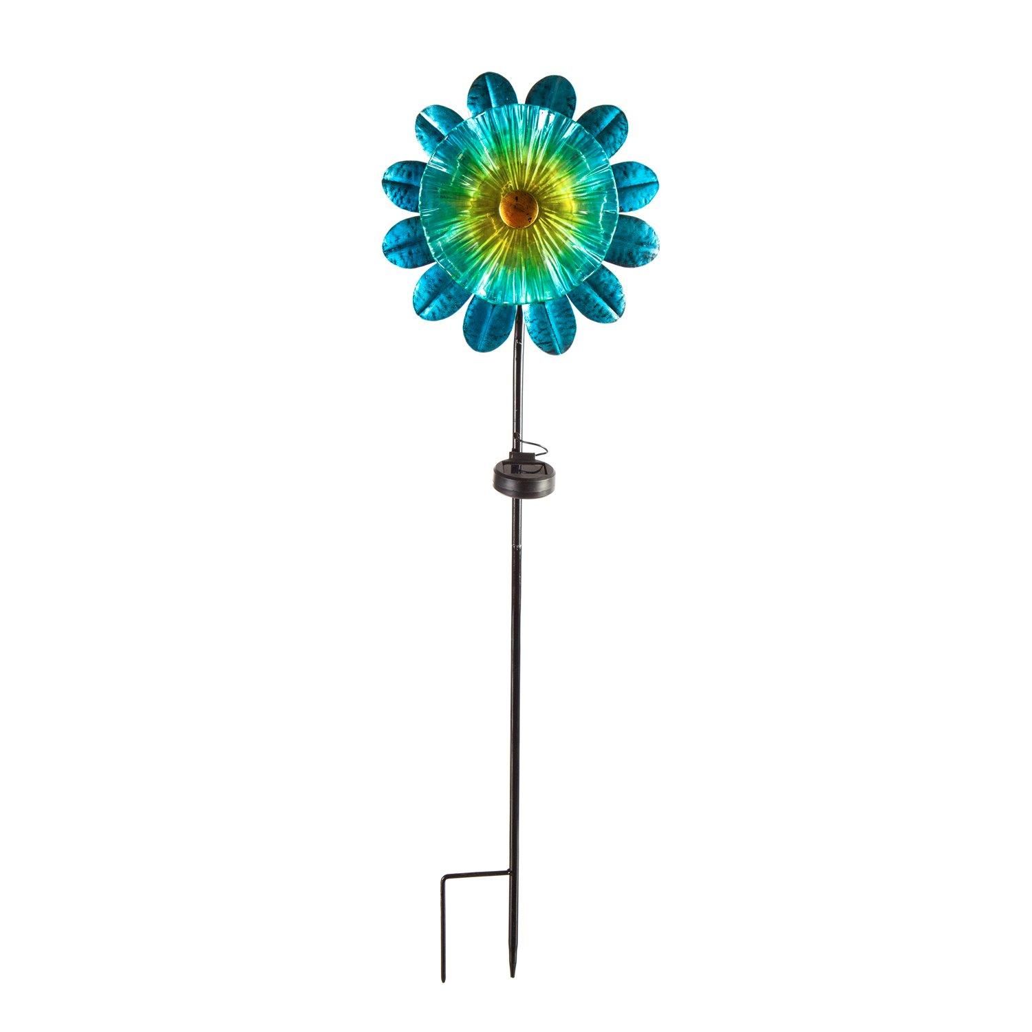 Solar Garden Stake - 36" - Blue Metal Petals Floral