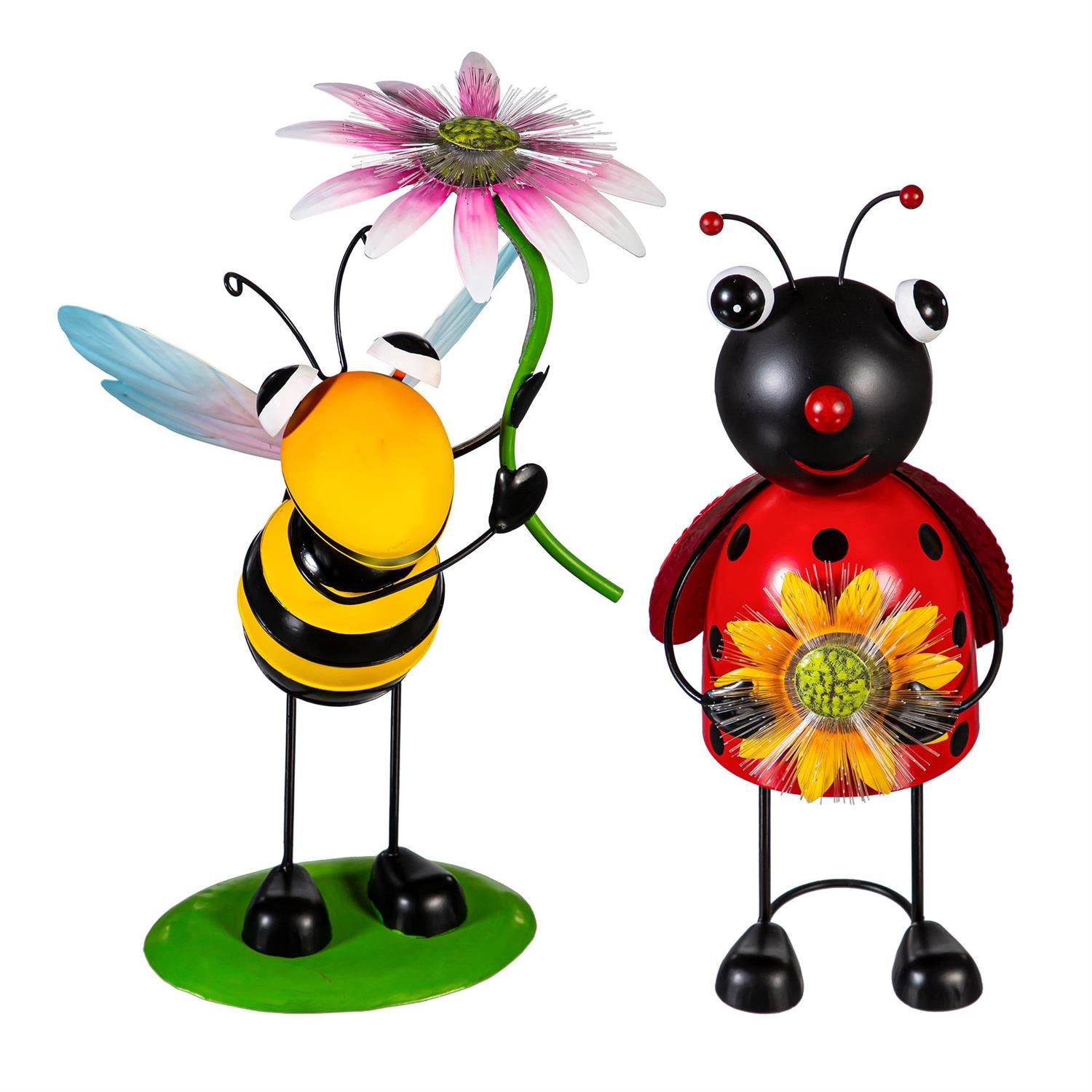 Solar Statue Statue - Metal Bee &amp; Ladybug w/ Fiber Optic