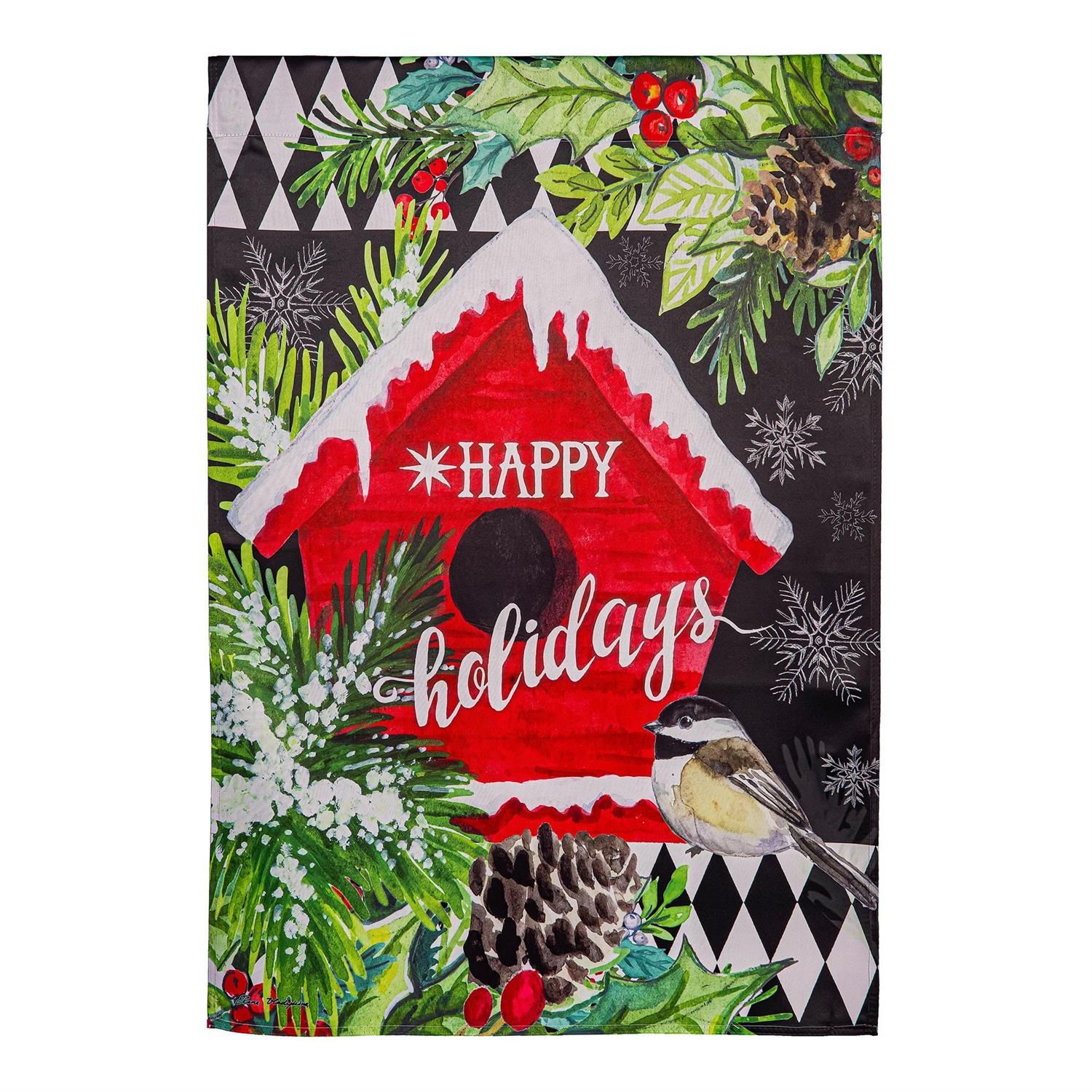 House Flag - Suede - Floral Red Birdhouse