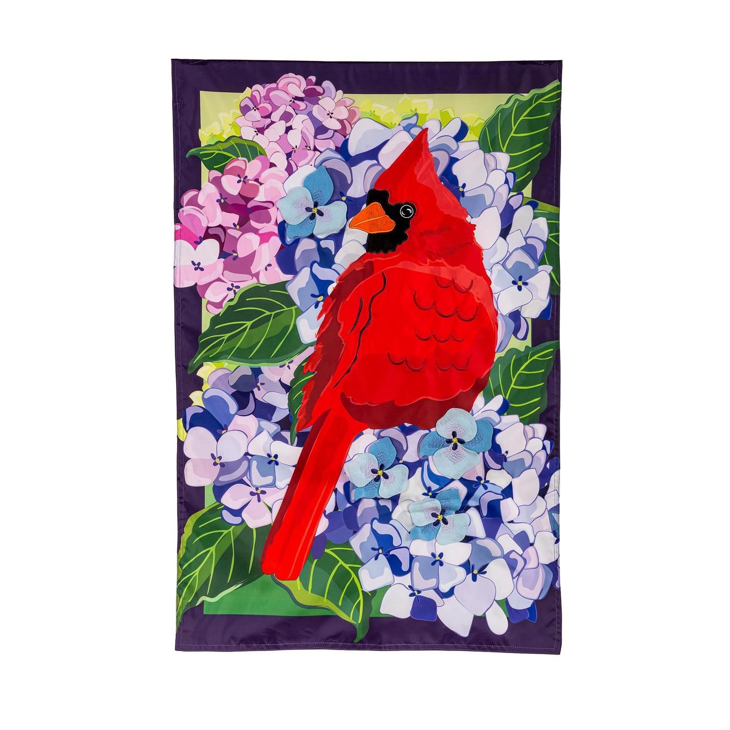 House Flag - Applique - Red Cardinal And Hydrangeas