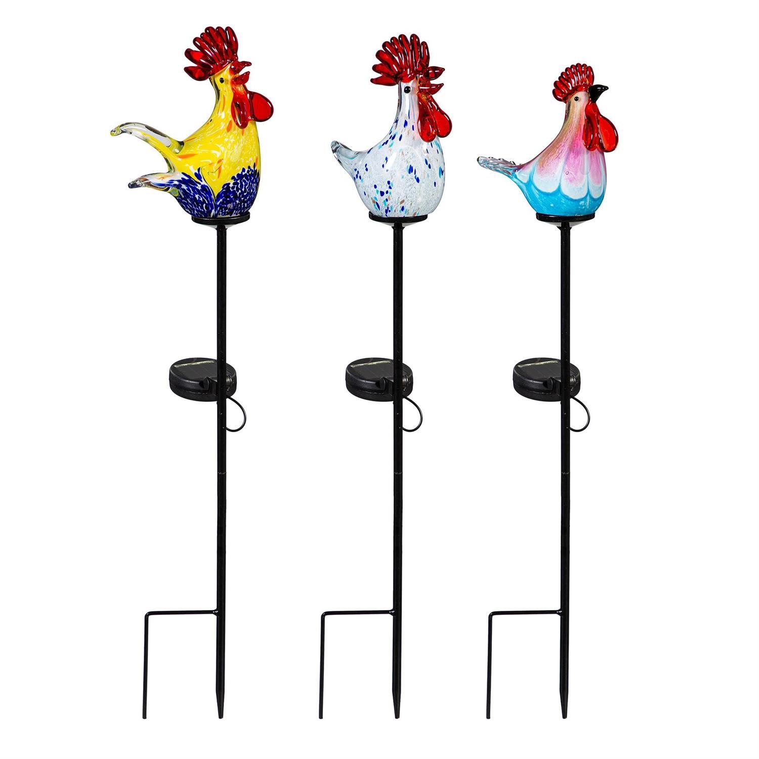 Solar Garden Stake - 23" - Art Glass Rooster - 3 Styles - Sold Individually