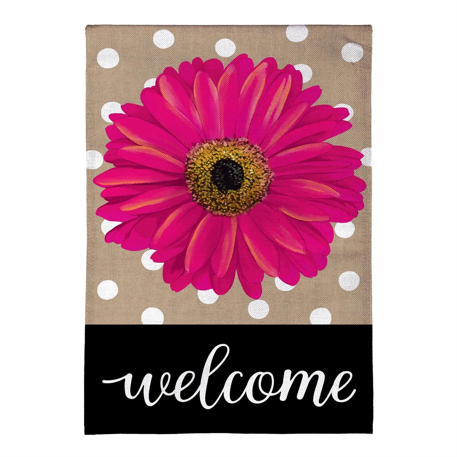 Garden Flag - Burlap - Pink Gerbera Dots