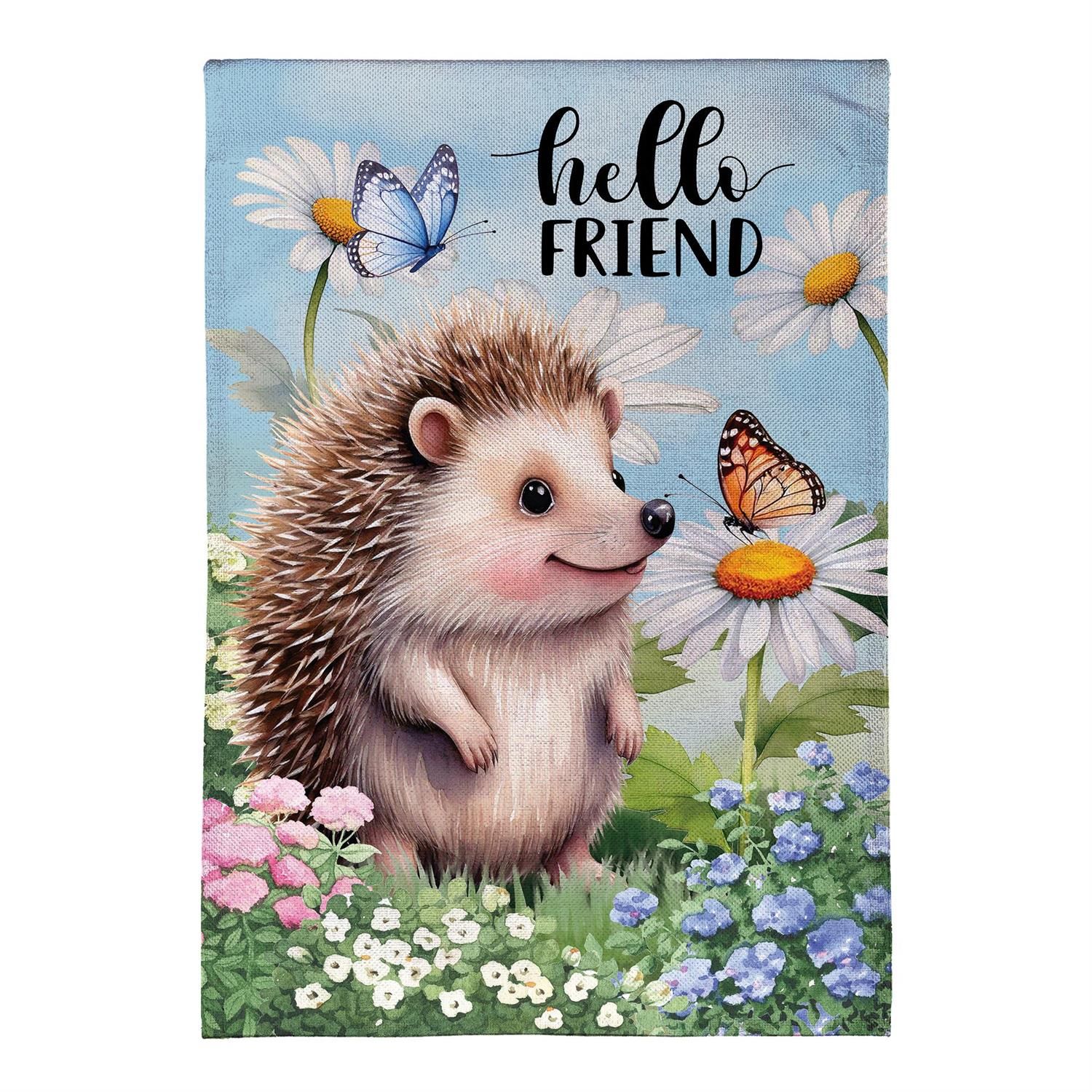 Garden Flag - Burlap - Hedgehog &amp; Daisies