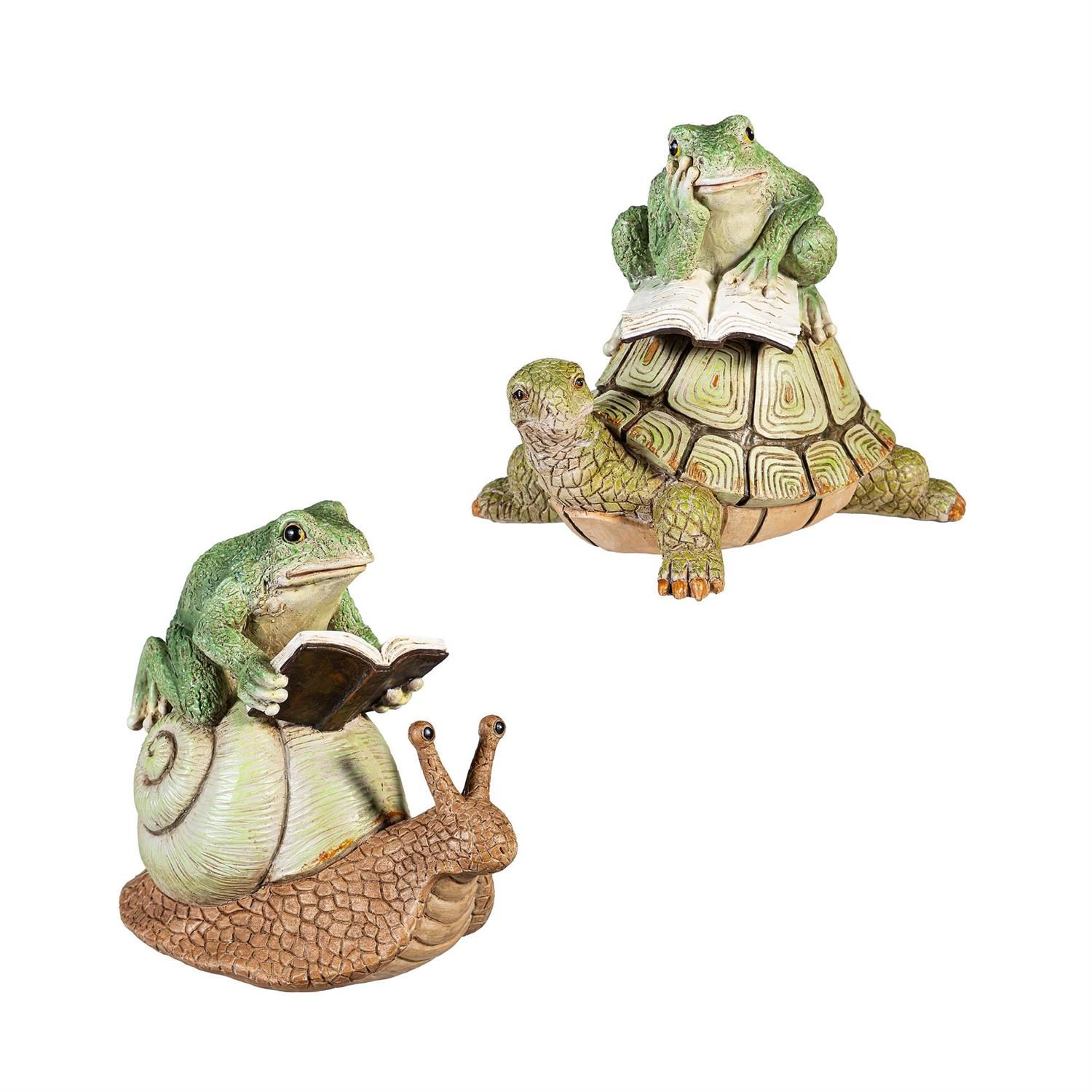 Garden Statue - 7" - Reading Frog Sitting On Snail Or Turtle- 2 Styles - Sold Individually