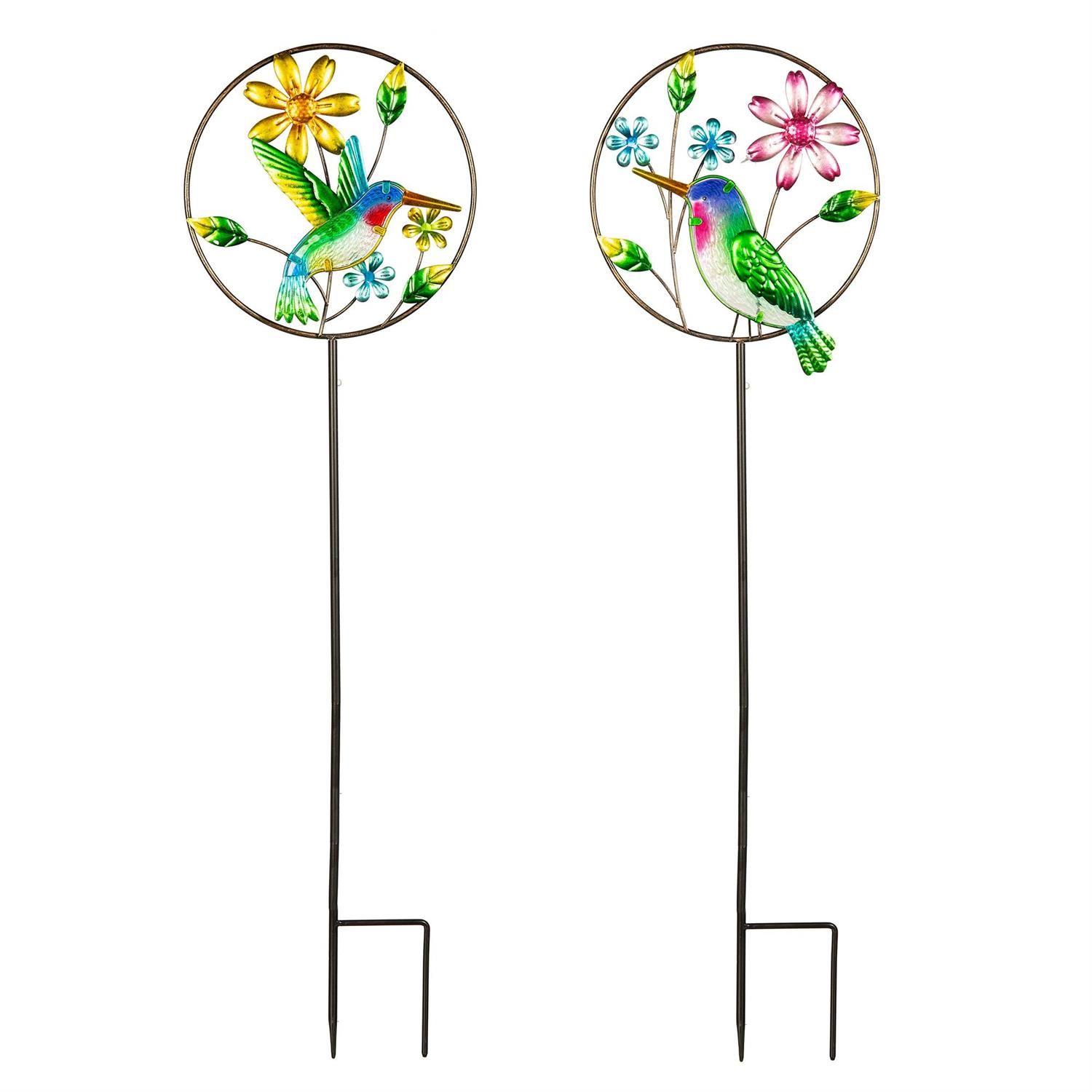 Garden Stake - Glass Hummingbird Floral