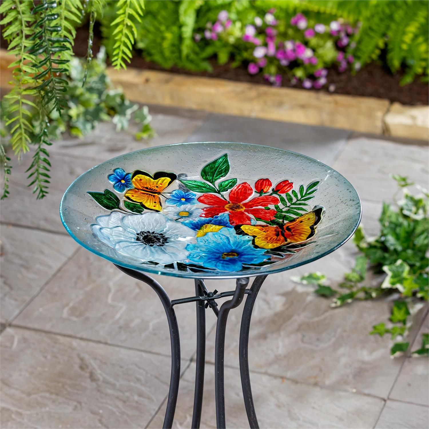 Bird Bath - 18" - Glass Flower Butterfly