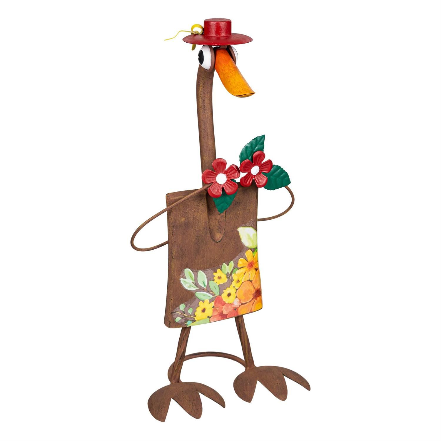 Garden Statue - 16" - Charming Shovel Goose w/Red Hat