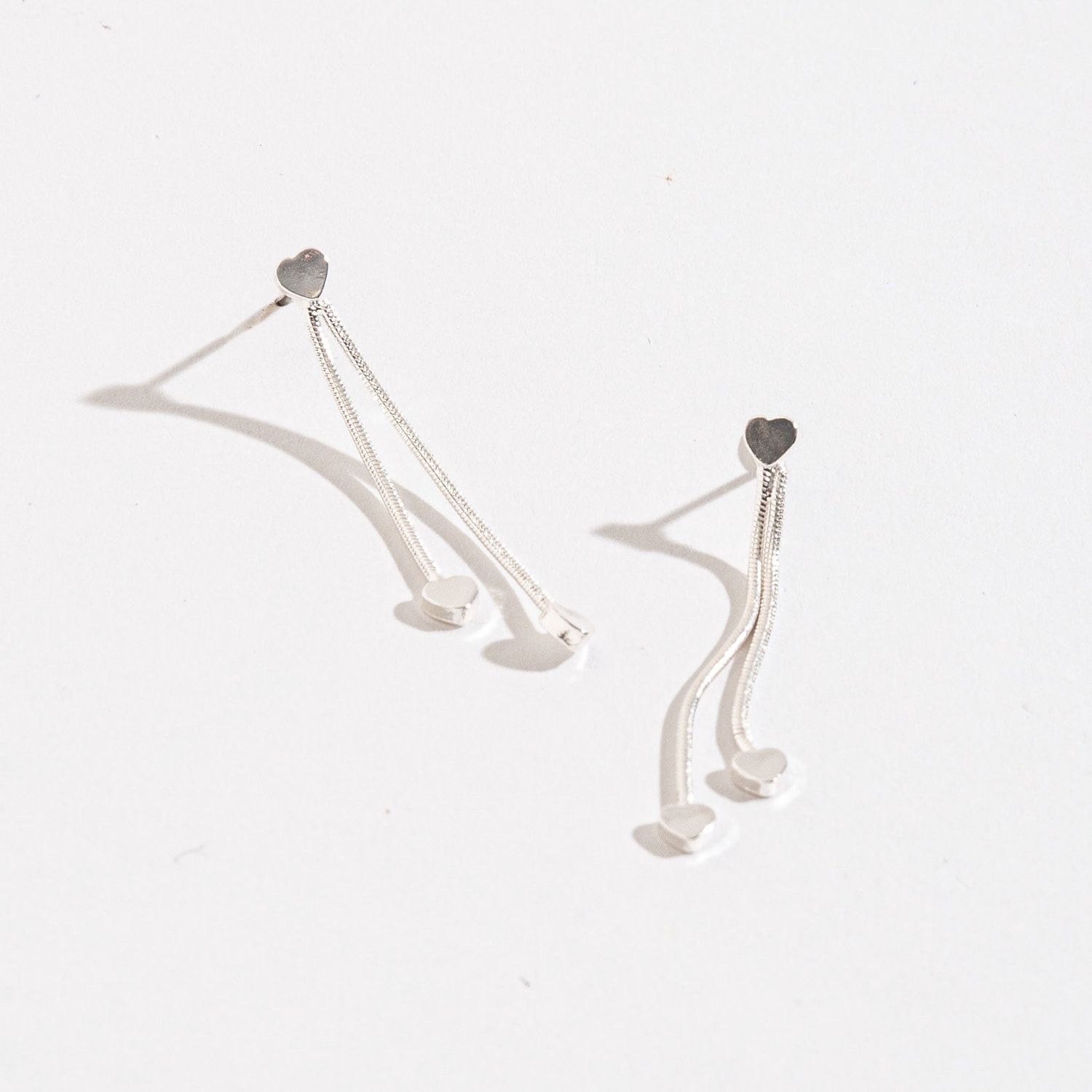 Ear Sense - Heart Chain Drop Earrings - Silver