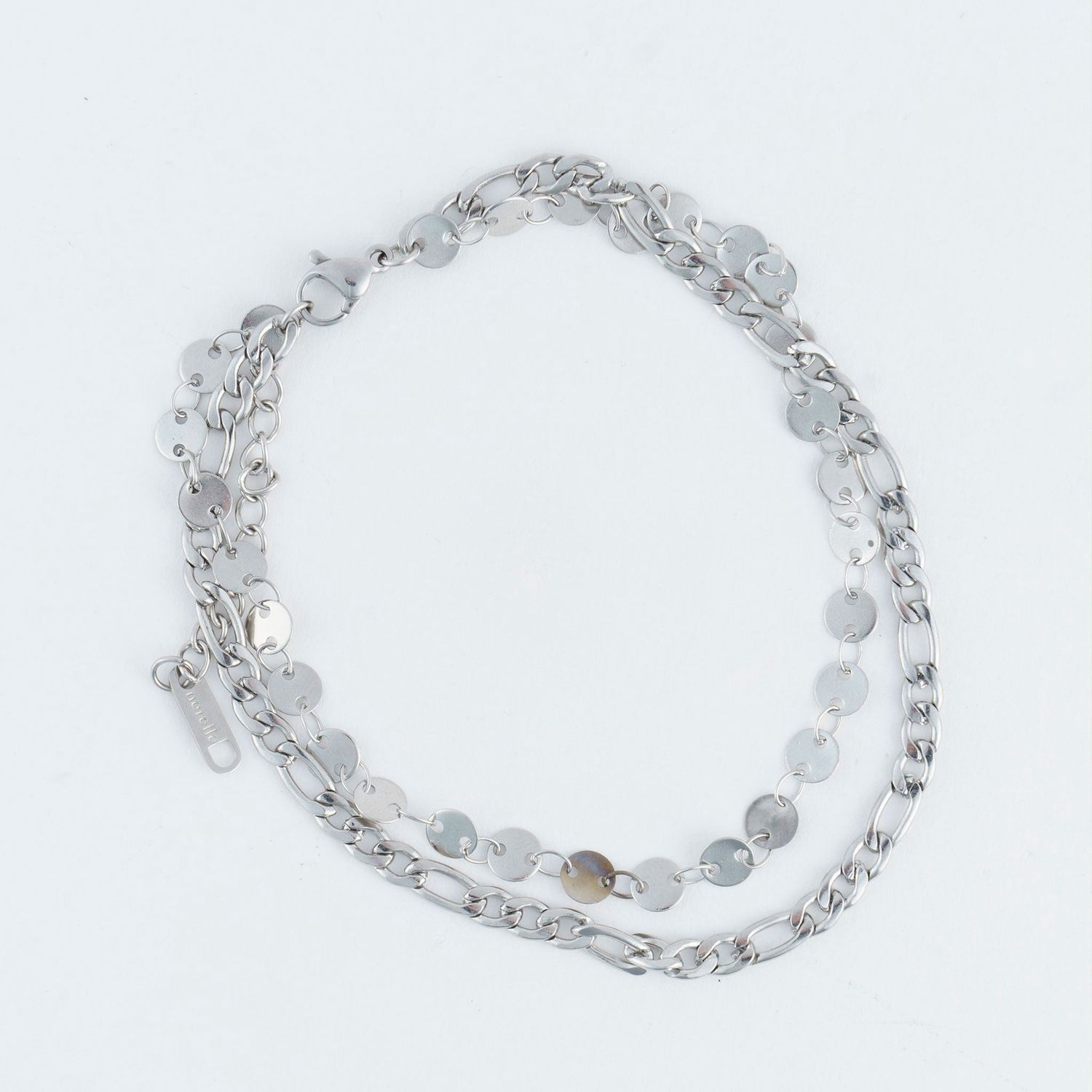 Narelle - 2 Rows Disc And Figaro Chain Anklet Silver L: 8 1/2" - Stainless Steel