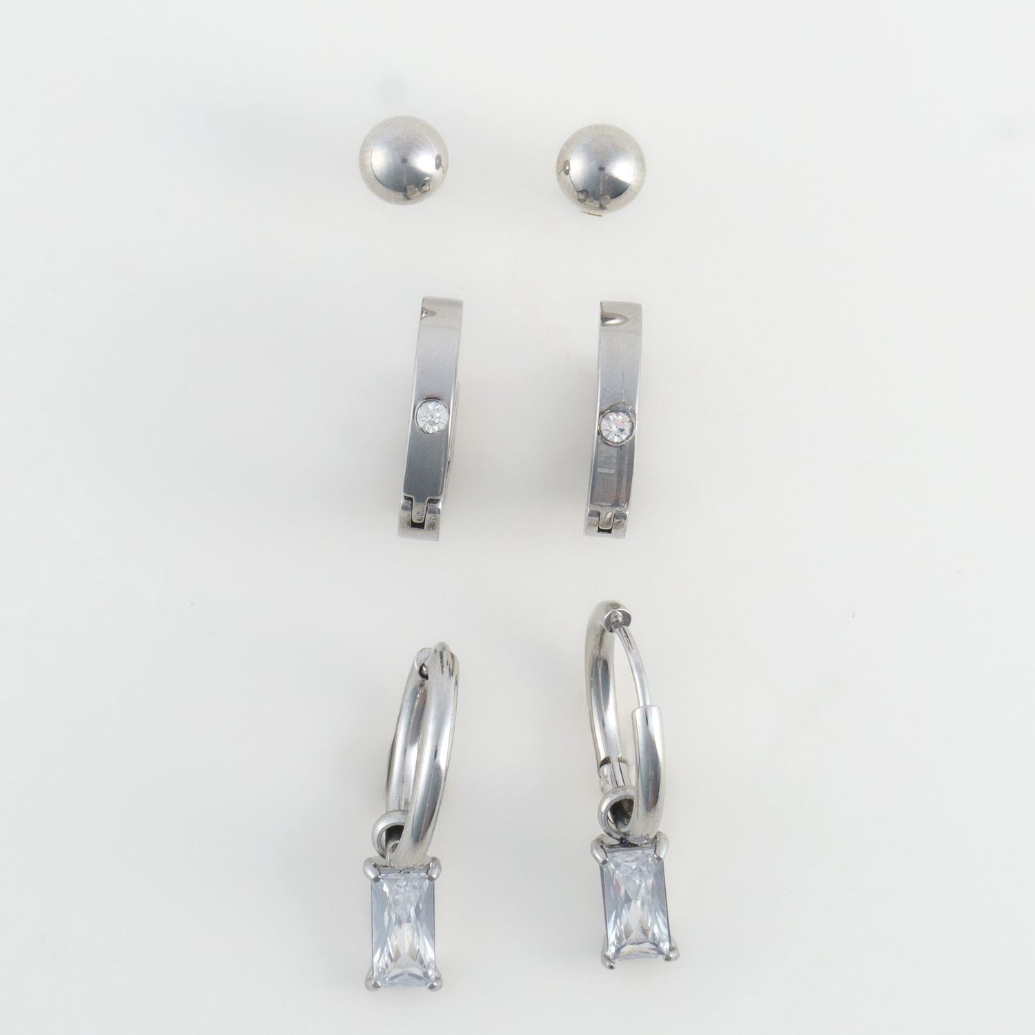 Narelle - Cz Charm Hoop Trio Earrings Silver - Stainless Steel