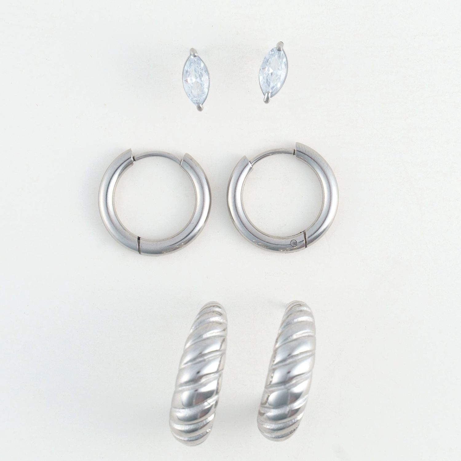 Narelle - Half Moon Hoop Trio Earrings Silver - Stainless Steel
