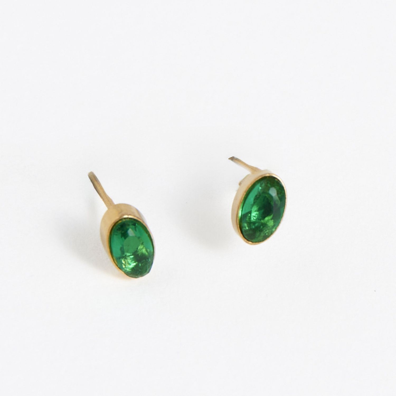 Narelle - Oval Gem Stud Earrings - 18K Gold Plating - Emerald