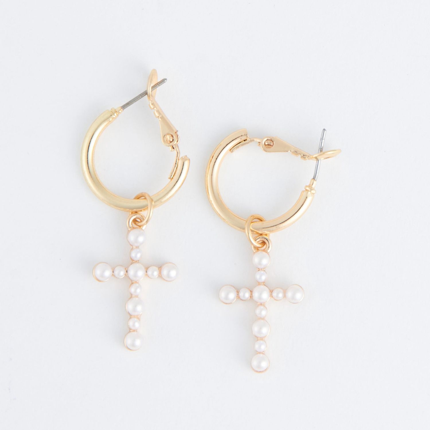 Cera Pearl Cross Earrings, Color: Gold