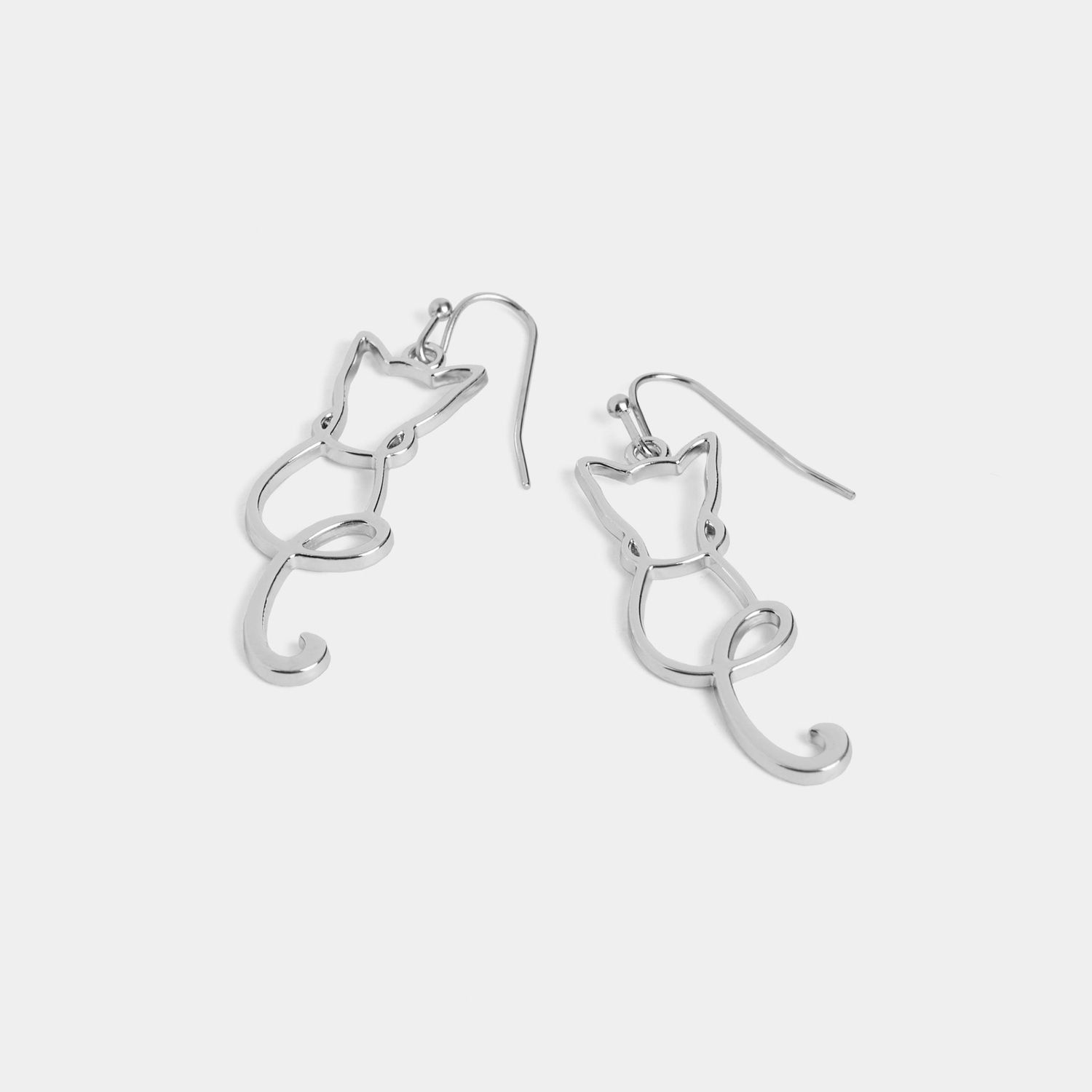 Whispers - Cat Outline Dangle Earrings - Silver