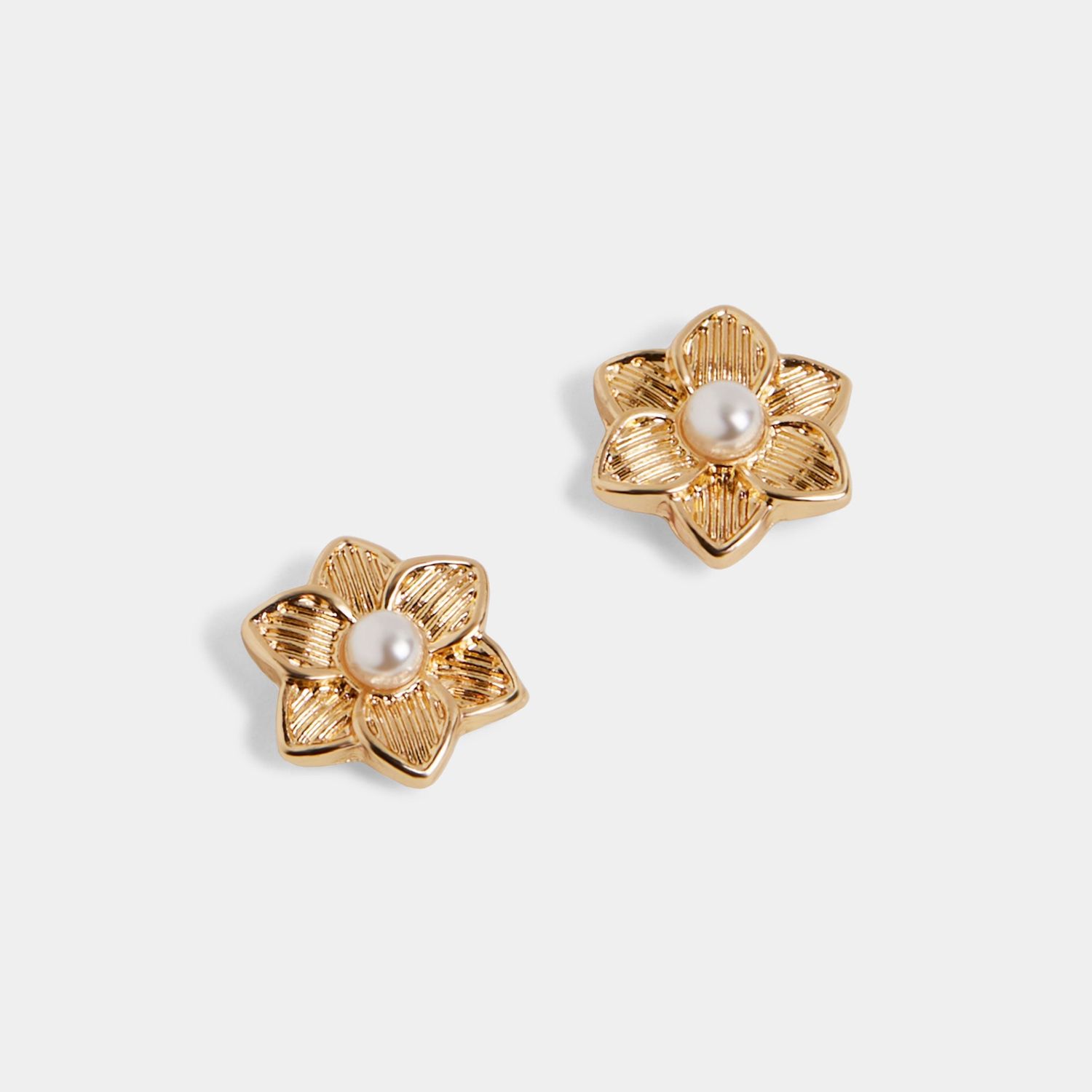 Whispers - Pearl Center Flower Stud Earrings - Gold