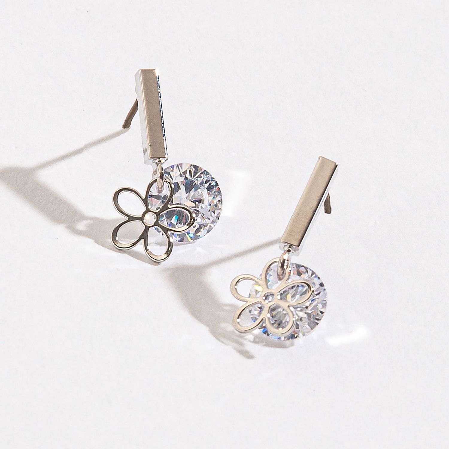 Dazzlers - Flower Post Drop Earrings - Silver