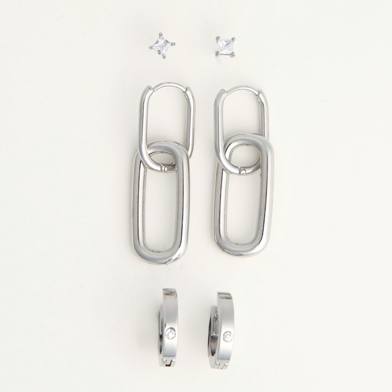 Narelle - Double Linked Hoop Trio Earrings Silver - Stainless Steel