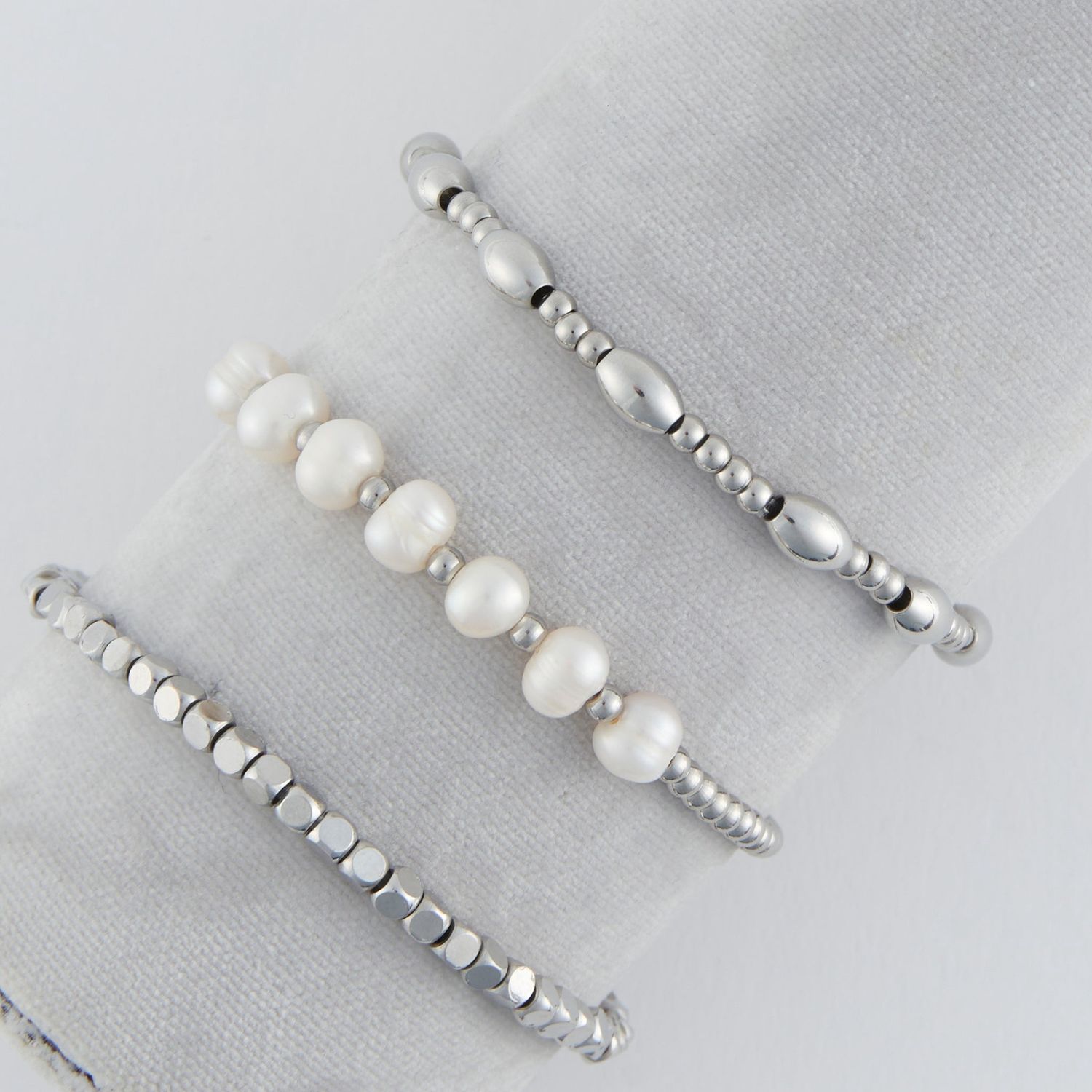 Narelle - Multi Genuine Pearl Stretch Bracelet Set L: 6 3/4" - Stainless Steel