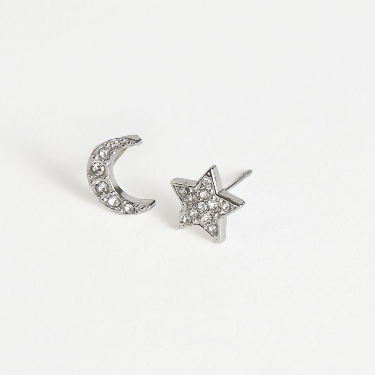 Narelle - Pave Star And Moon Stud Earrings - Stainless Steel