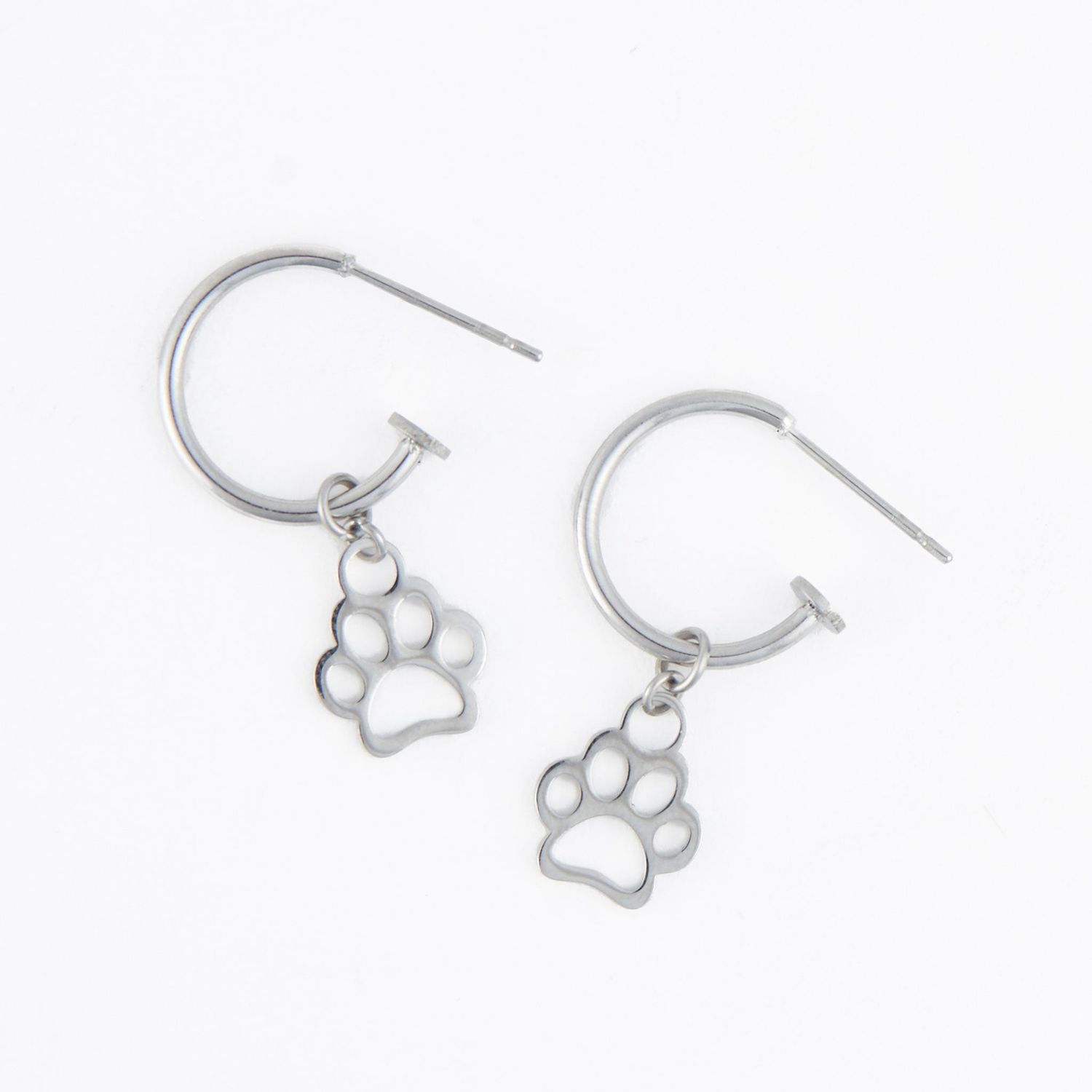 Narelle - Paw Print Charm C Hoop Earrings - Stainless Steel