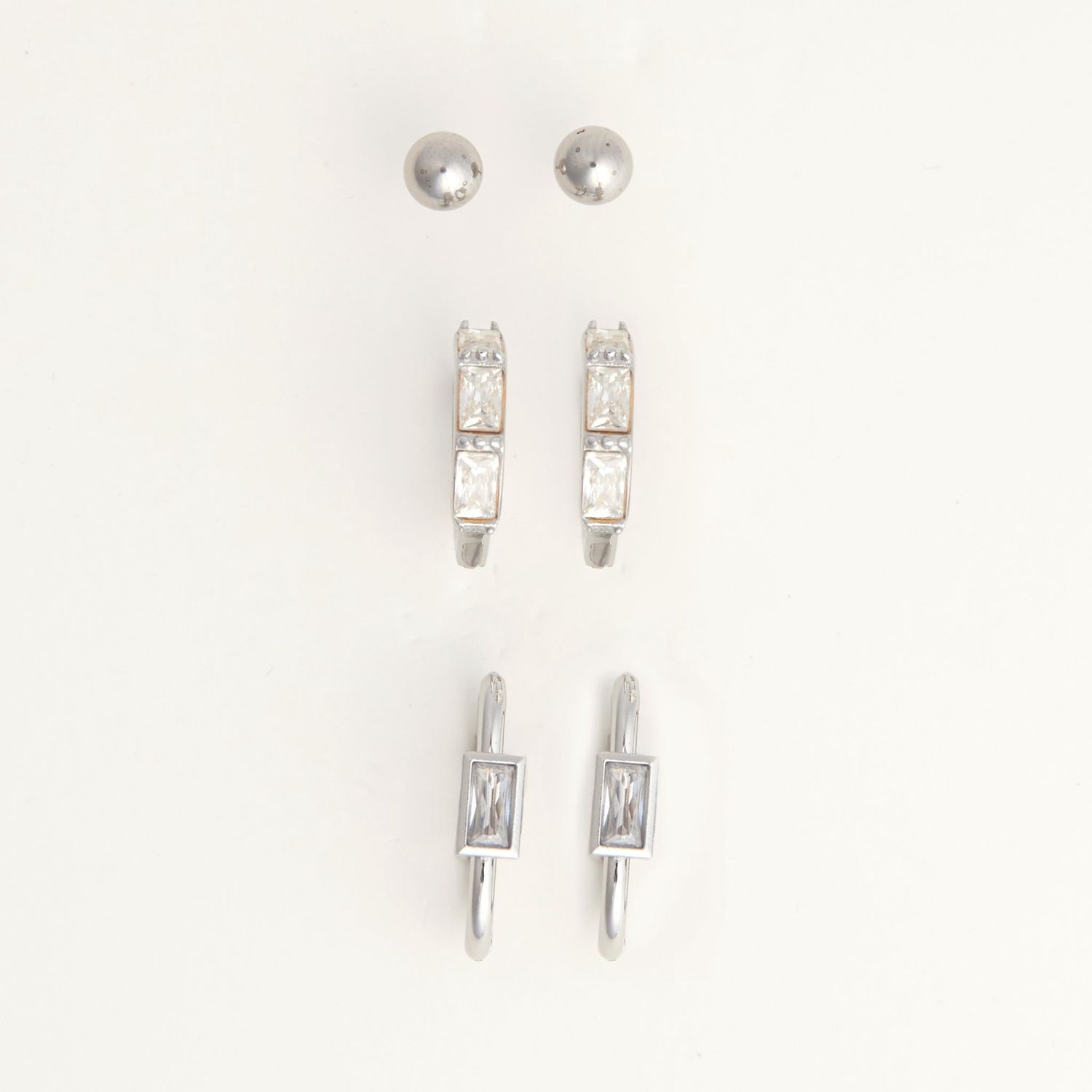Narelle - Rectangle Cz Hoop Trio Earrings Silver - Stainless Steel