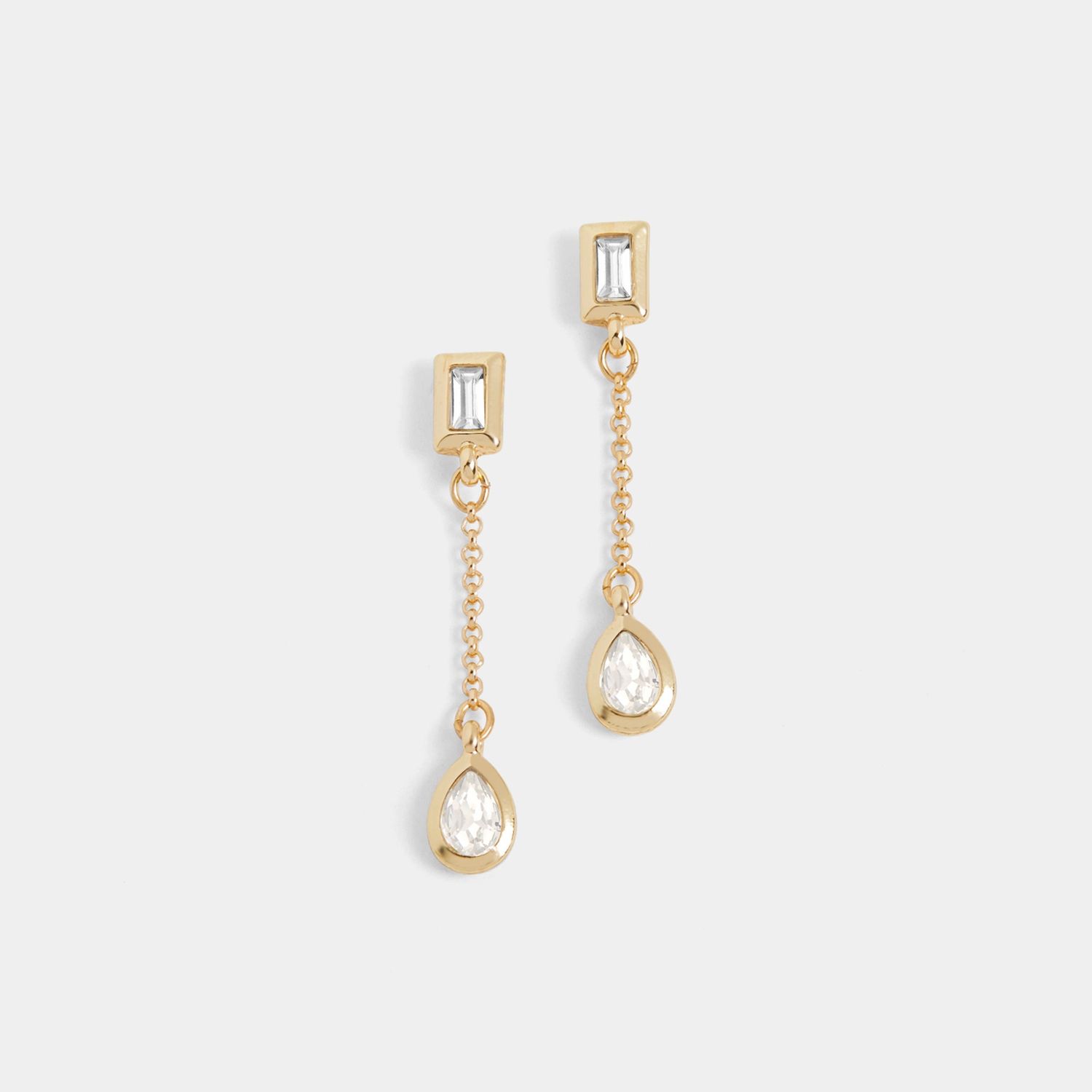 Whispers - Baguette Stone Chain Drop Earrings - Gold