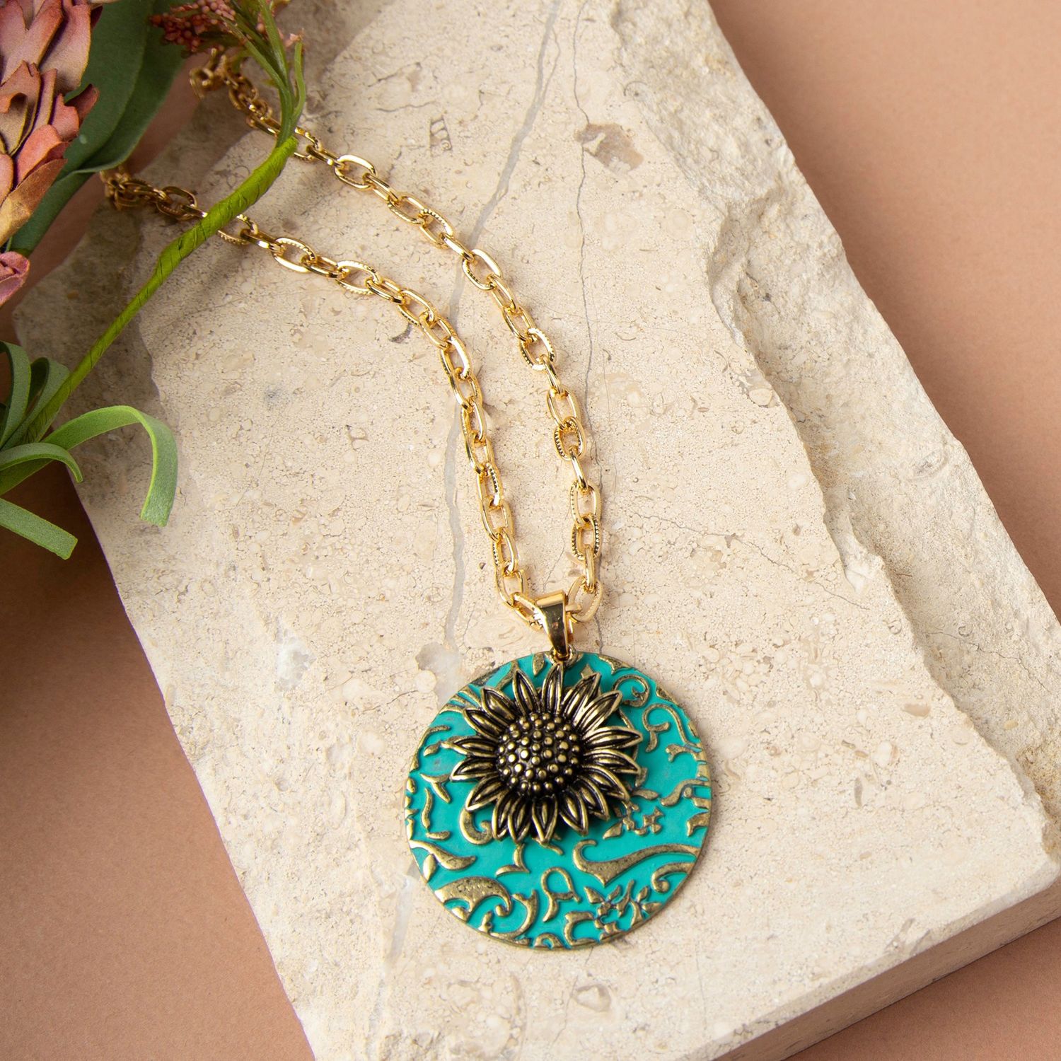 Jericho Sunflower Pendant Necklace - Turquoise - 20"
