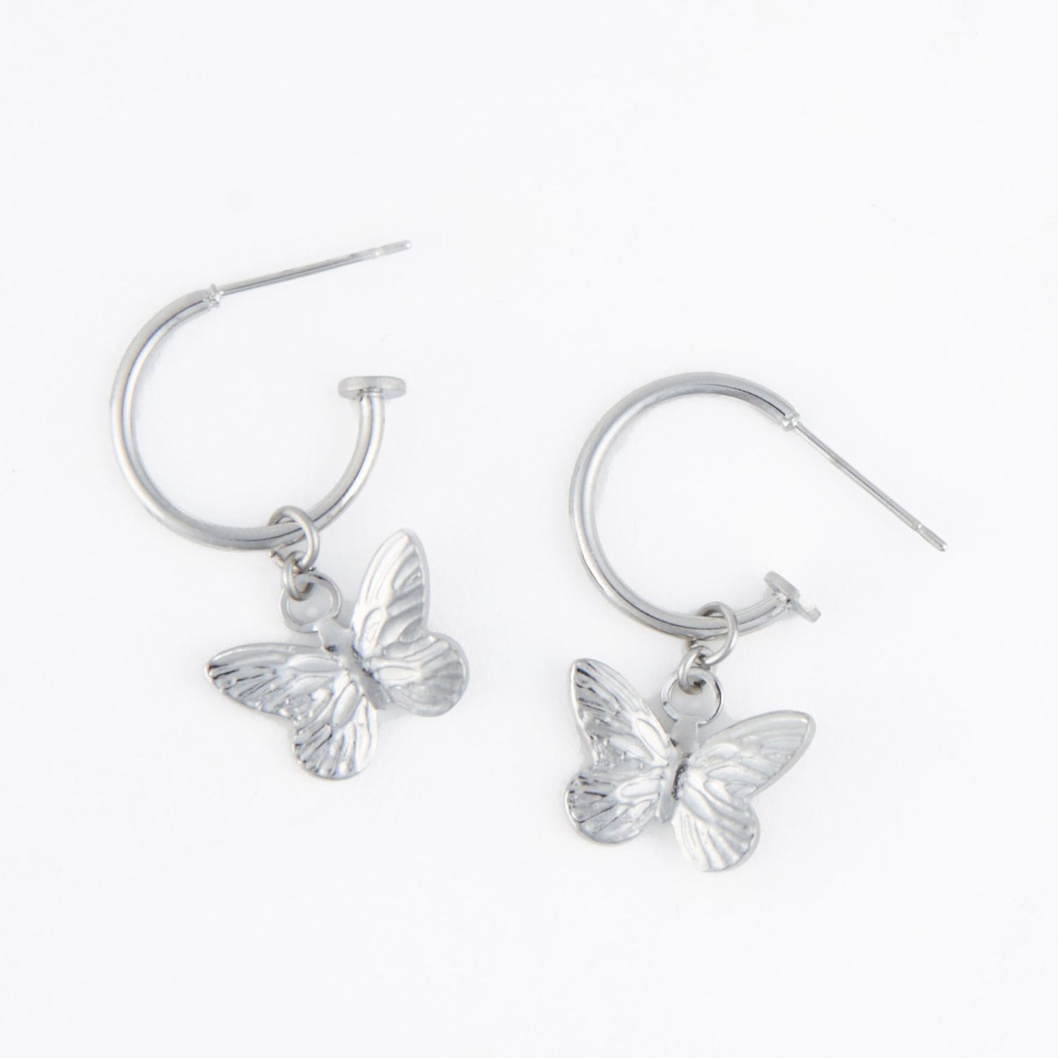 Narelle - Butterfly Charm C Hoop Earrings - Stainless Steel