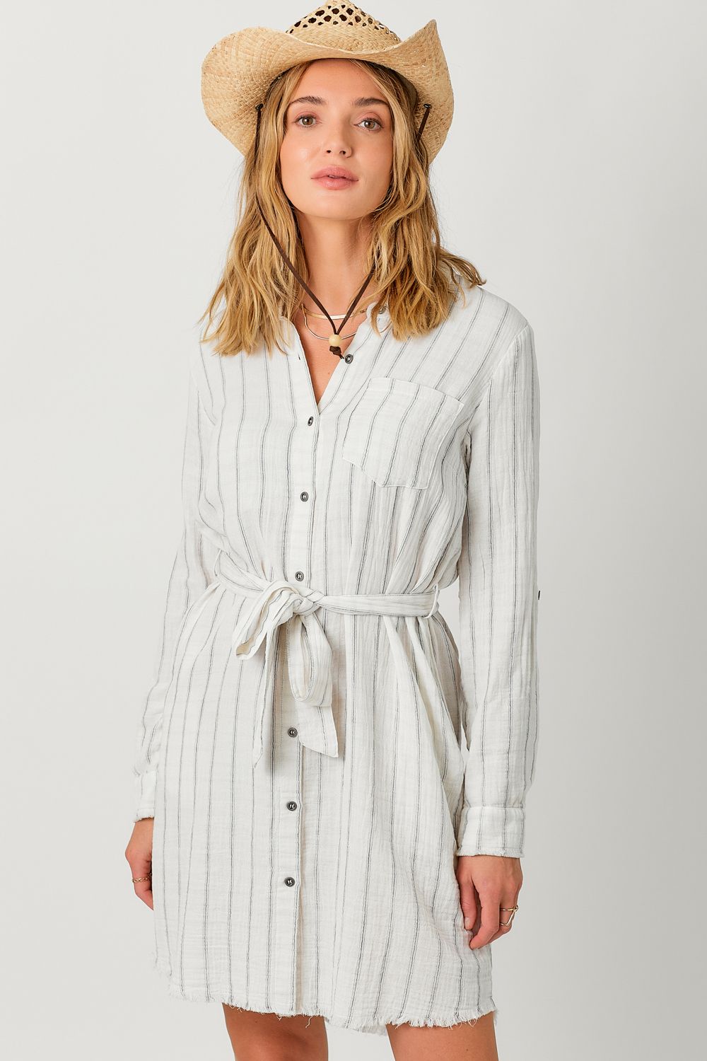 Washed Double Gauze Shirt Dress, Color: Washed Off White Stripe, Size: Small