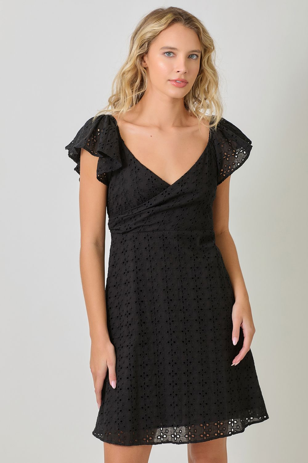 Surplice Neck Flutter Sleeve Tie Dress, Color: Black, Size: Small