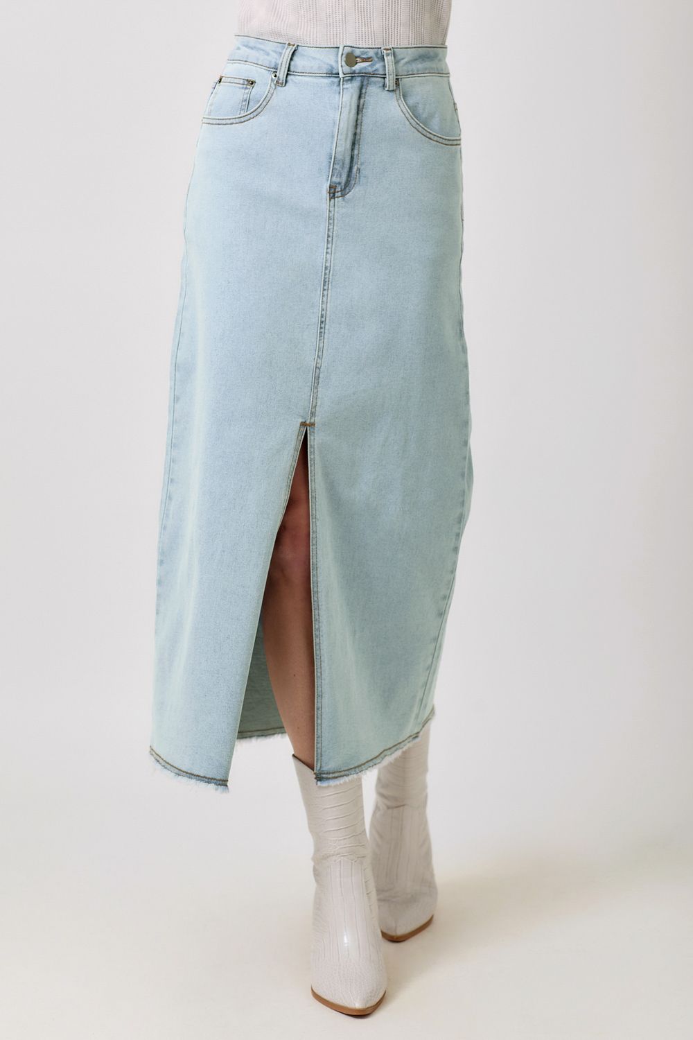 Washed Front Slit Skirt, Color: Light Blue, Size: Small