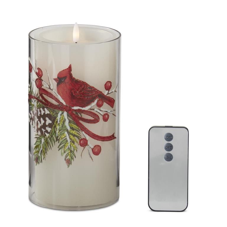 Cardinal And Pinecone Slip Cover w/Candle 7.75" X 4"