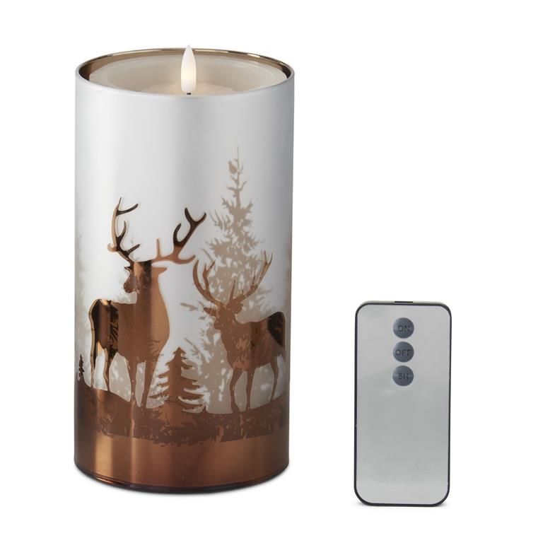 Deer Winter Scene Slip Cover w/Candle 7.75" X 4" - Brown