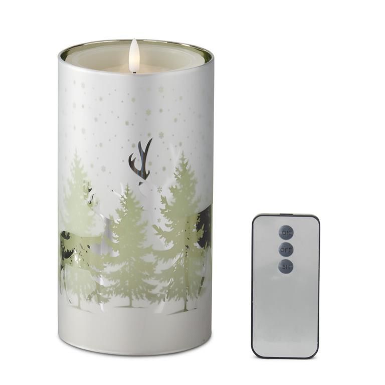 Deer Winter Scene Slip Cover w/Candle 7.75" X 4" - Green