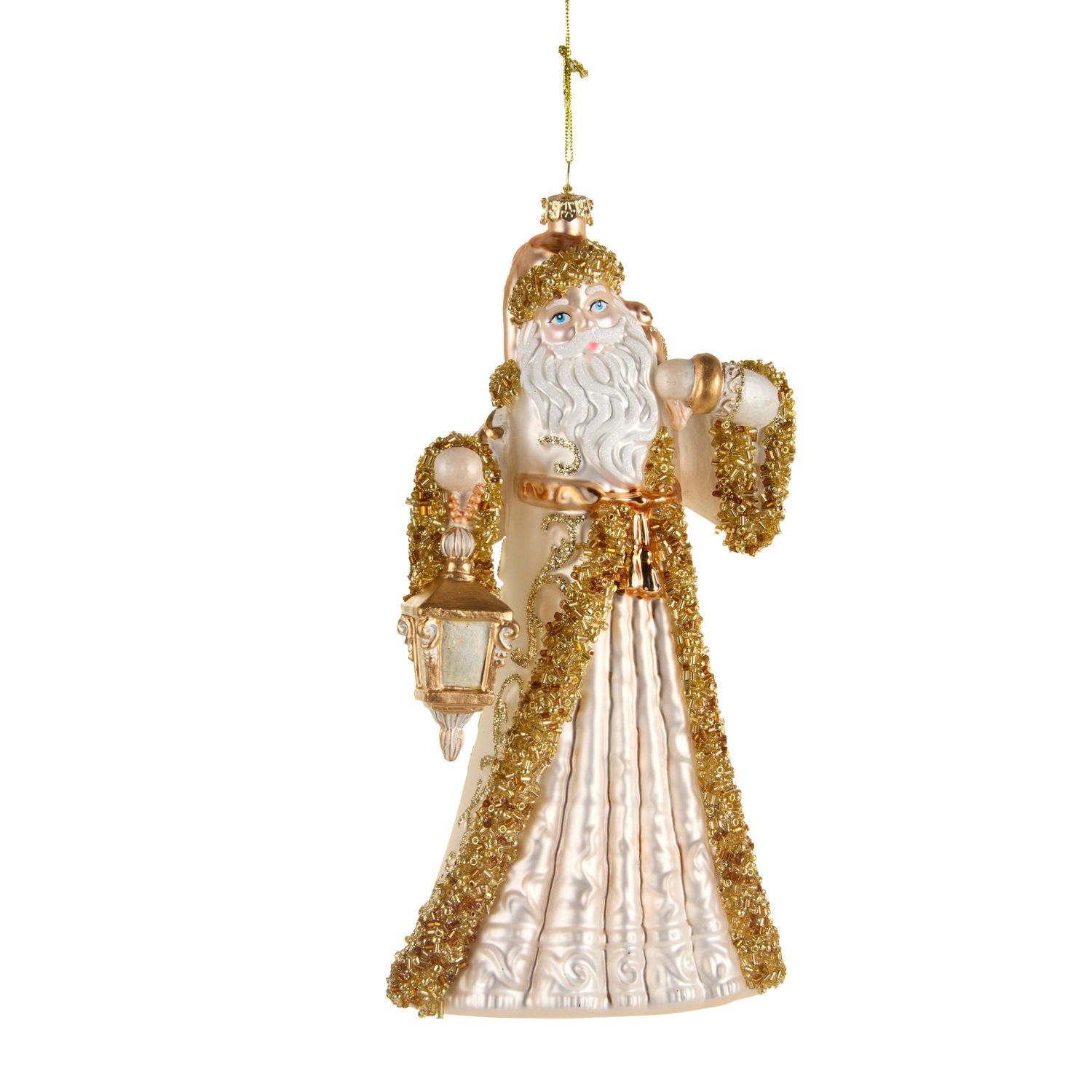 Santa w/ Lantern Ornament 8" - Ivory And Gold