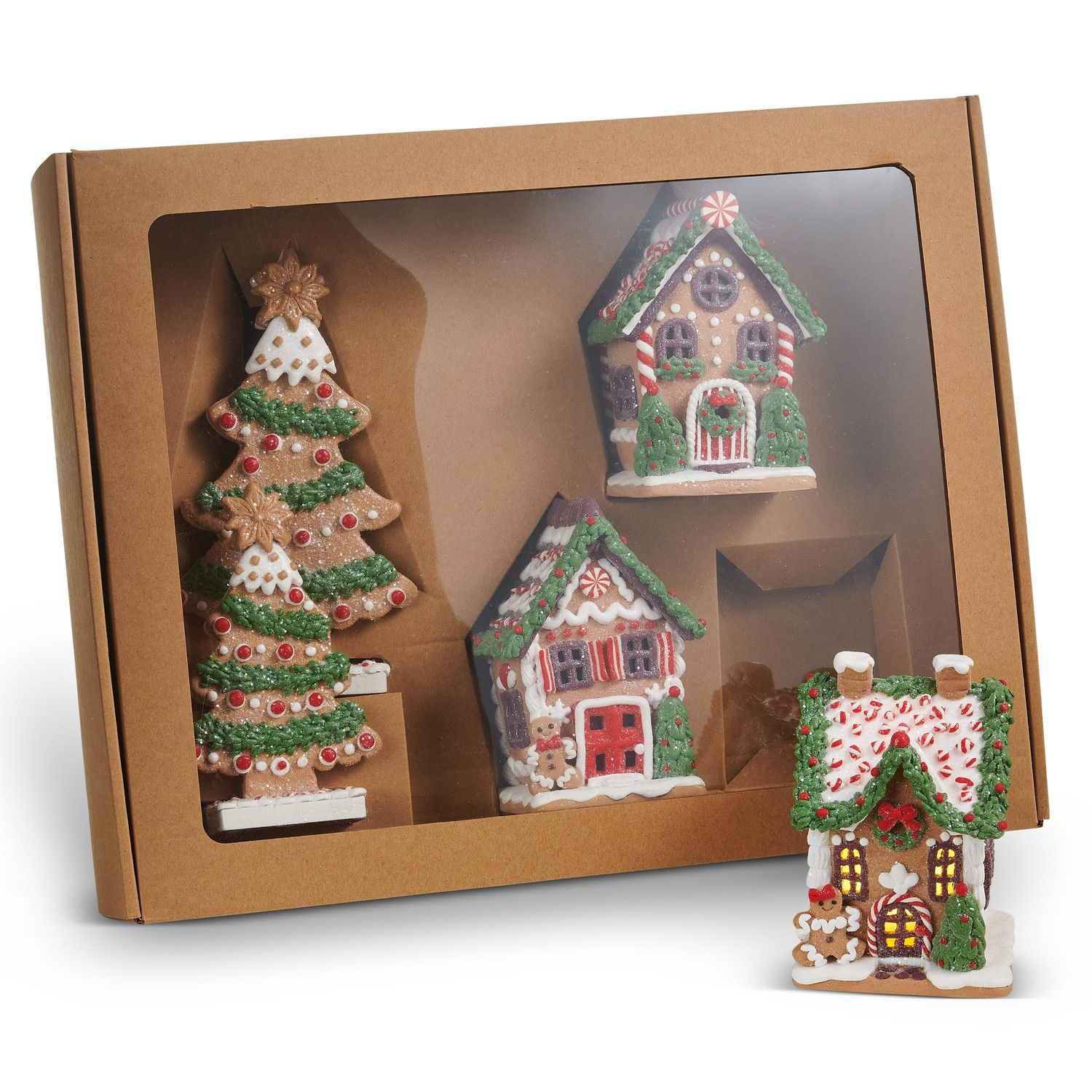 Lighted Gingerbread House Ornaments W/ Trees Set Of 5 - Dark