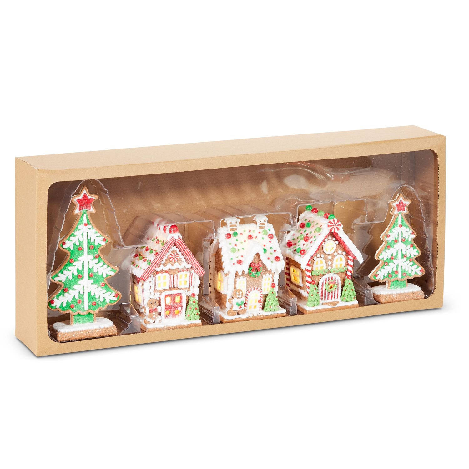 Lighted Gingerbread House Ornaments W/ Trees Set Of 5 - Light