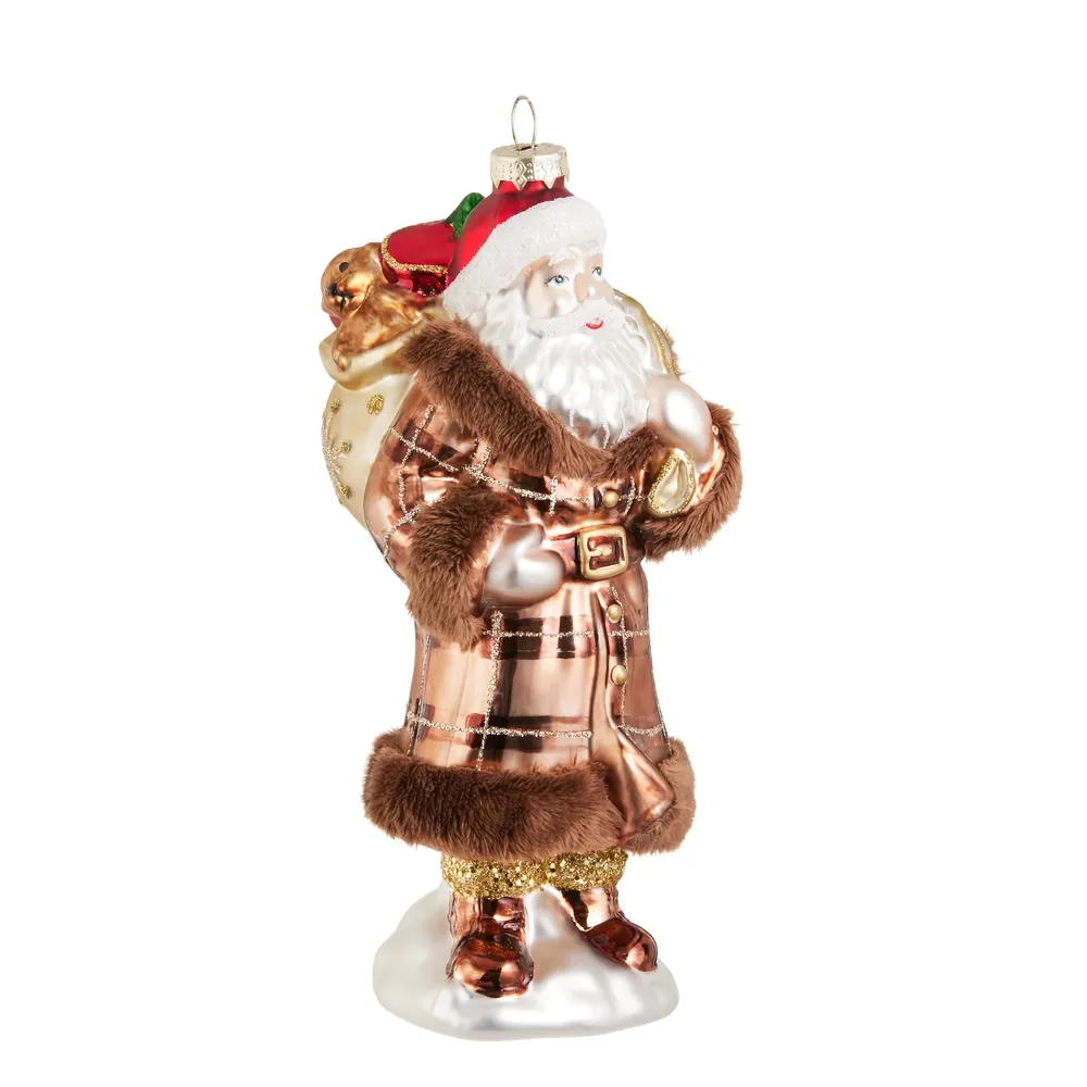 Brown Coat Plaid Santa Ornament 7.5"