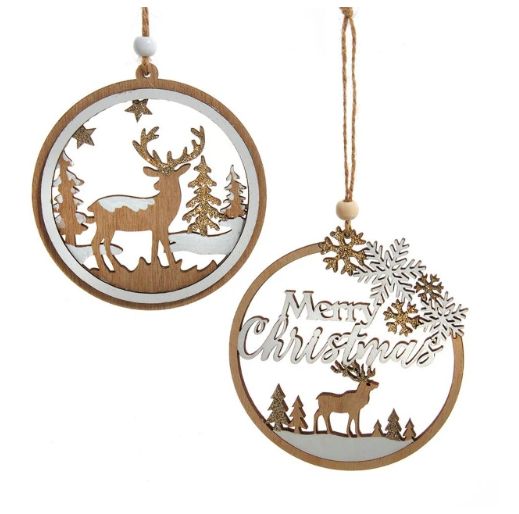 Wood Deer Xmas Scene Orn - 2 Styles
