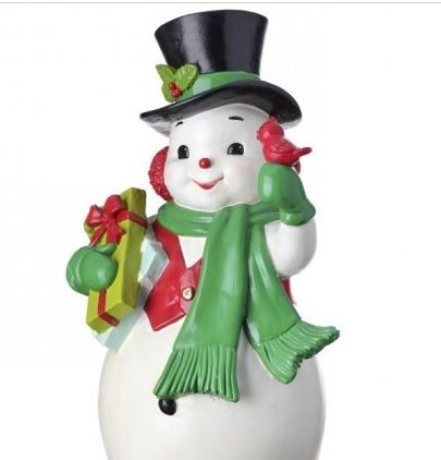 Resin Snowman Holding Gifts &amp; Cardinal - 13.5"