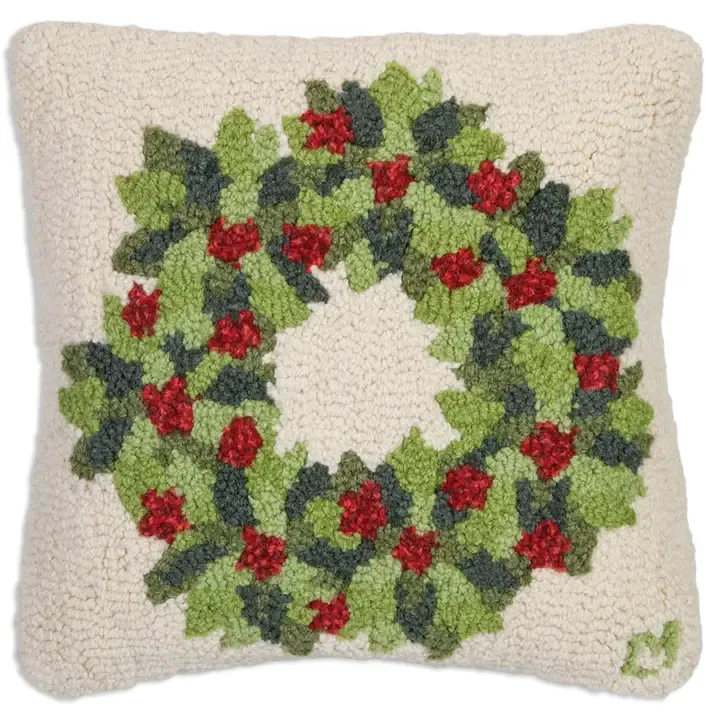 Hooked Pillow - 18" - Berries And Leaves Wreath