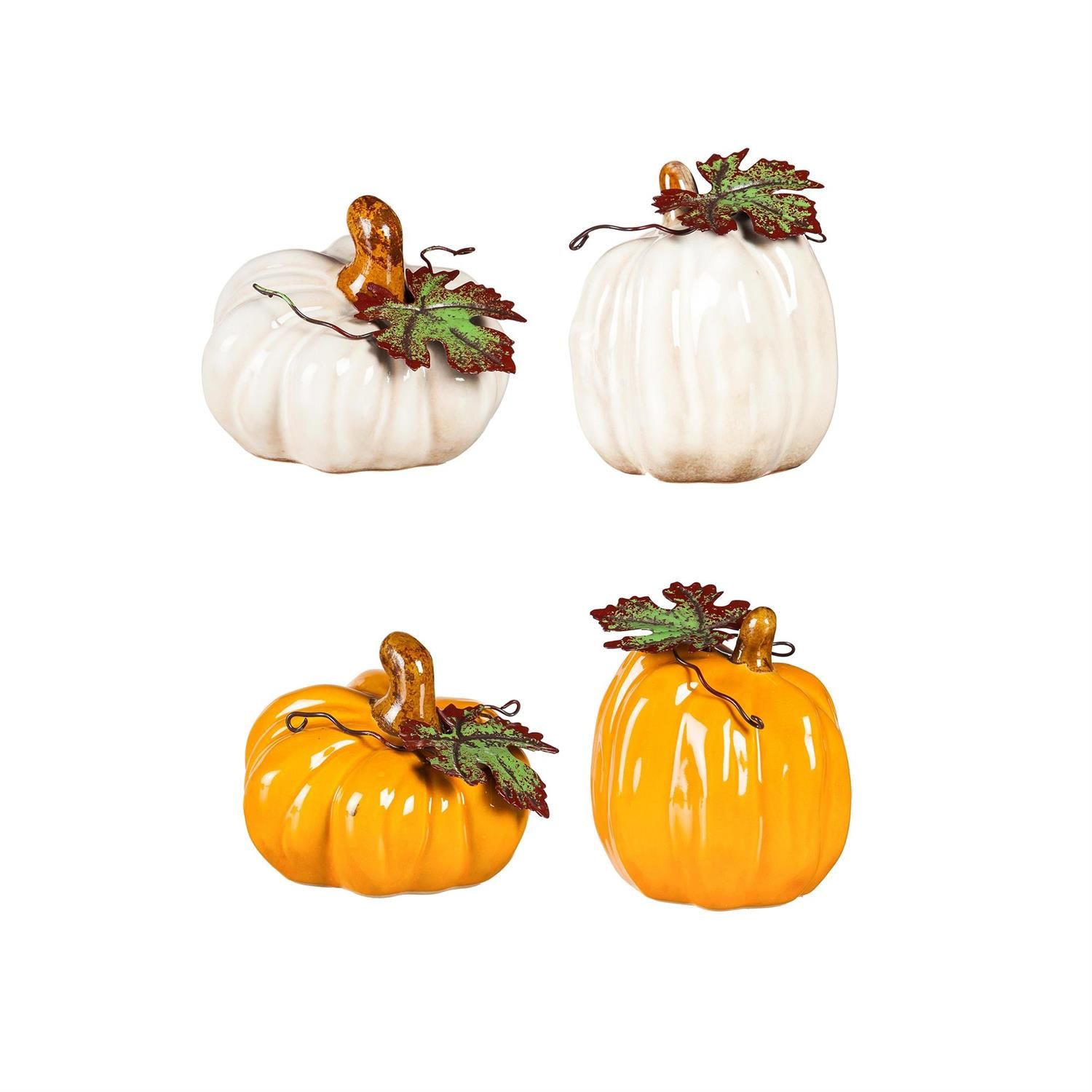 Ceramic Pumpkin w/ Leaf - 4 Styles - Sold Individually