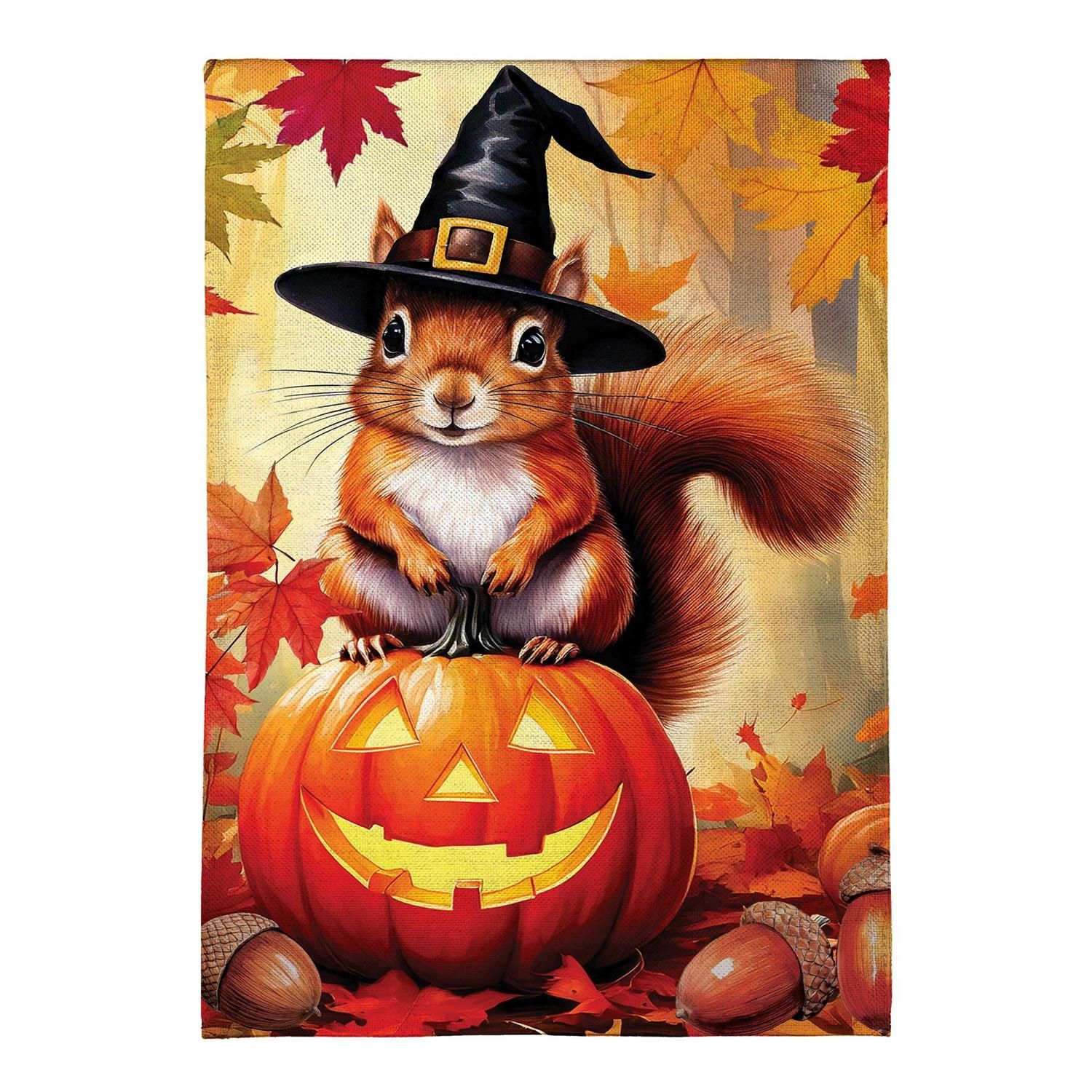 Burlap Garden Flag - Halloween Squirrel Grove