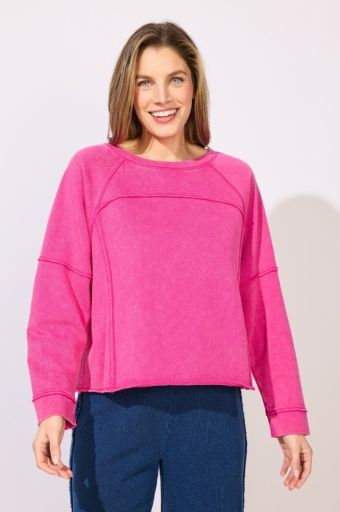 Color Washed Terry Weekend Raglan Crew, Colour: FUCHSIA, Size: S