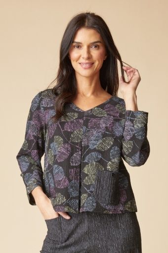 Crinkle Crepe Leaves Inverted Pleat Top, Colour: Black, Size: Small