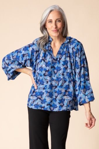 Rayon Crepe Painted Stones Ruched Collar Shirt, Colour: TIDE, Size: XS