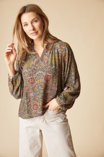 Rayon Crepe Garden Ruched Collarshirt, Colour: Olive, Size: Small